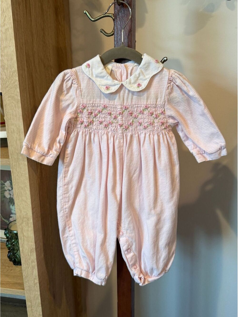 Vintage Baby Girl Pink Cotton Coverall Smocked & Embroidered Collar 3-6 Months